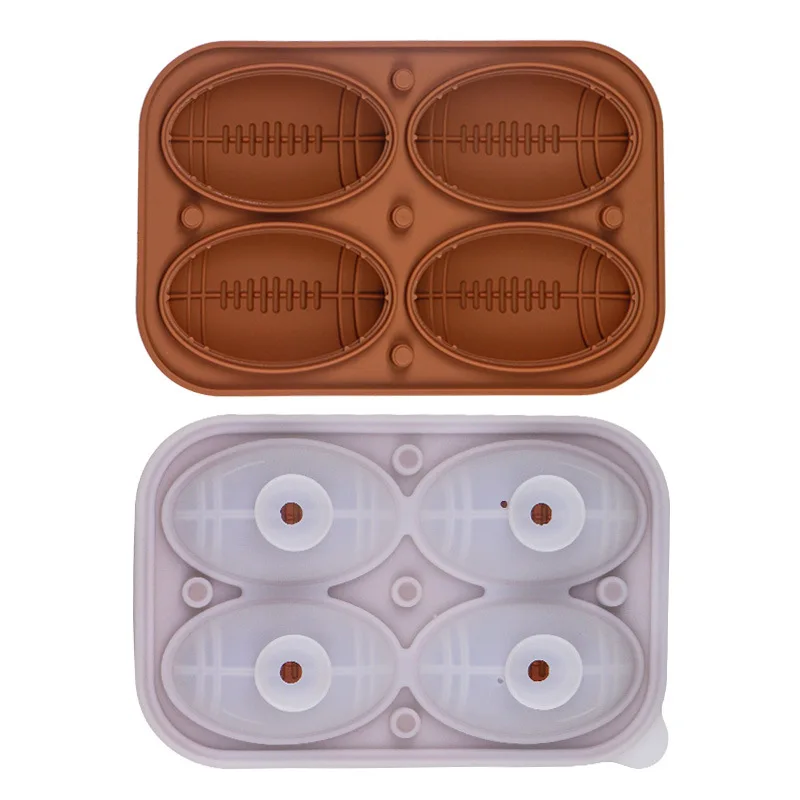 Hot selling Whiskey 3D Football Ice Ball 4 Cavity Silicone Ice Lattice Maker Rugby basketball Silicone Ice Mold