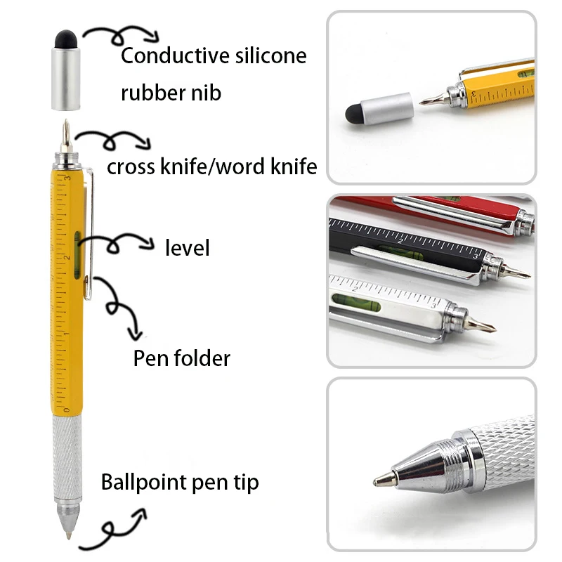 Multifunctional Tool Pen Creative 6-In-1 Metal Ballpoint Gift Level Screwdriver Capacitance Touch Screen Pen Stylus Universal