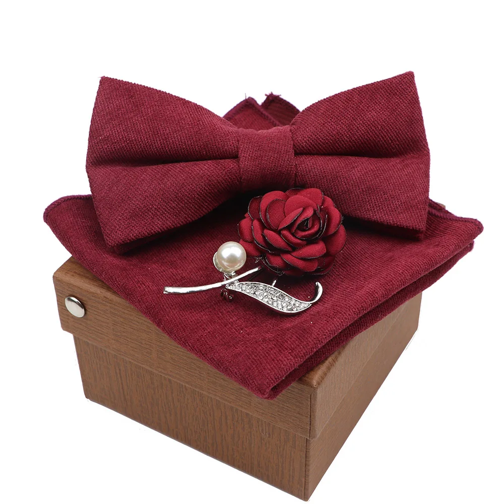 Men Super Soft Suede Solid Color Cotton Bow Tie Handkerchief Brooch Set Bowtie Orange Pink Blue Butterfly Wedding Novelty Gift