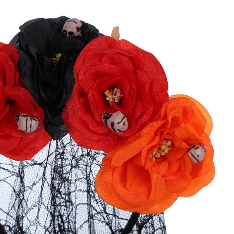 Mexican Day Of The Dead Web Veil Gothic Skull Headband Goth Artificial Rose Crowns Holiday Spooky Hair Decoration For Women
