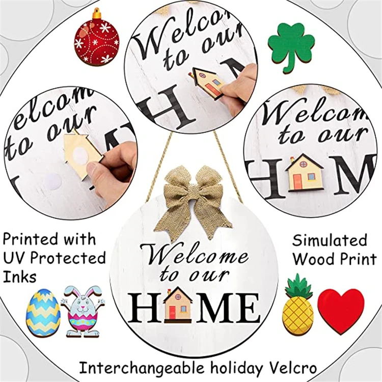 Interchangeable Seasonal Welcome Sign Front Door Decor Rustic Wood Welcome to Our Home Sign Wall Hanging Decoration