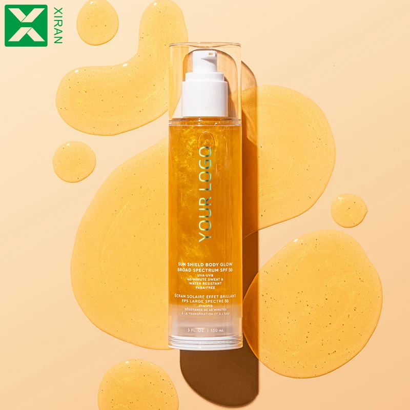 Private Label Liquid Waterproof Face Body Glow Oil with SPF 50 Broad Spectrum Sunscreen