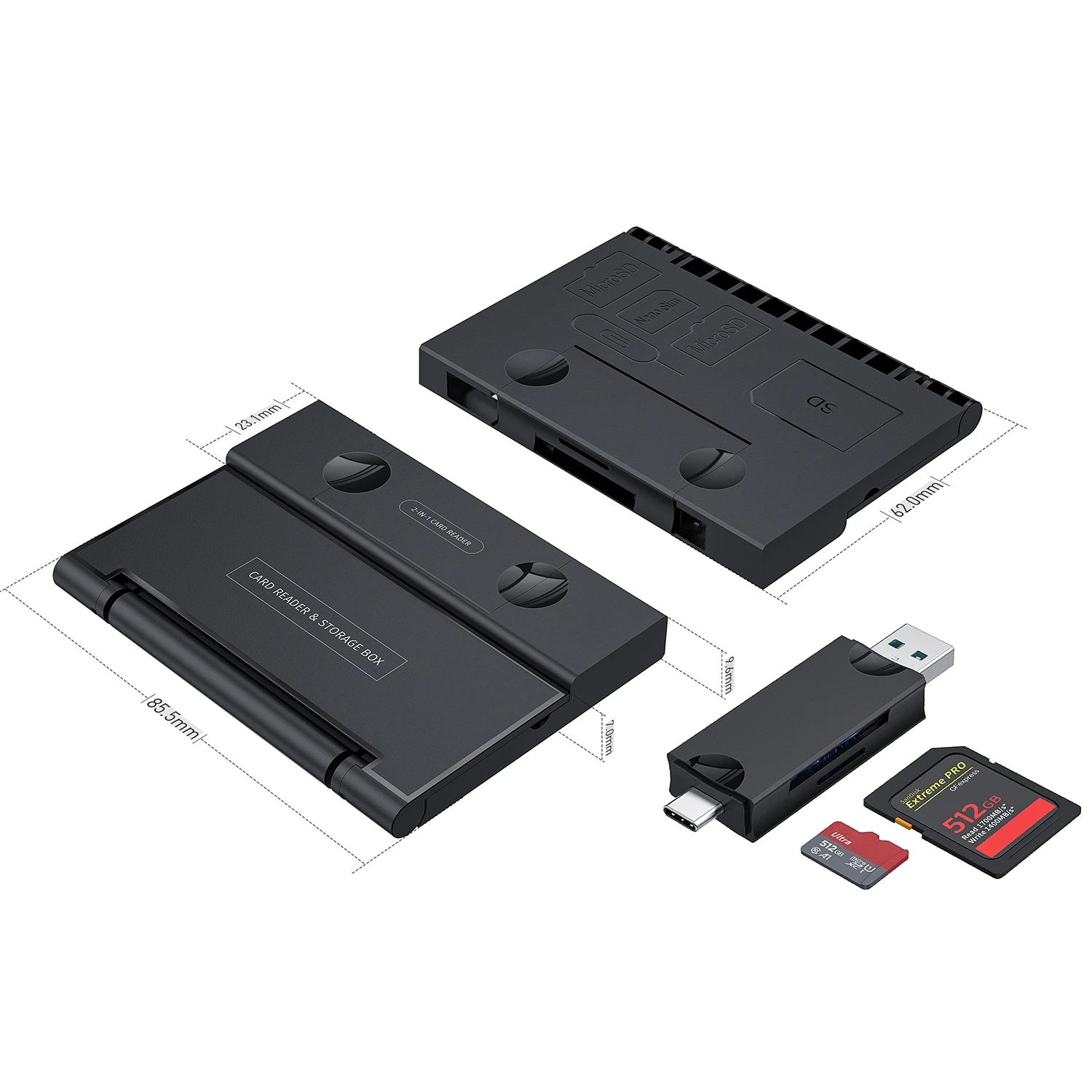 All-in-One Type-C OTG USB 3.0 Card Reader Storage Case Support SD/TF/MMC Cards External Installation USB 2.0 Port RoHS Certified