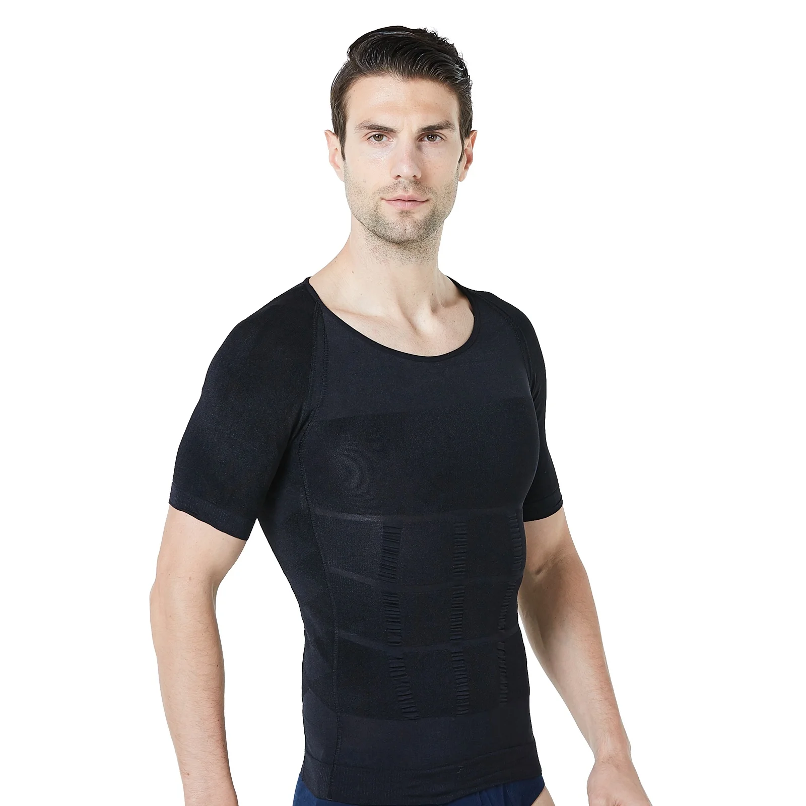MeiSu R008BK Seamed 70D Classic Firming Panels Male Slimming Body Slim Fit Blank T-Shirts