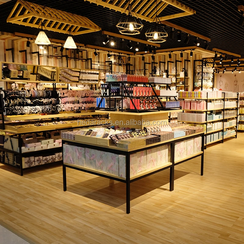 Used Display Rack Wooden Sticker Logo Display Racks Stainless Steel Miniso Display Rack Wooden Design Shelf