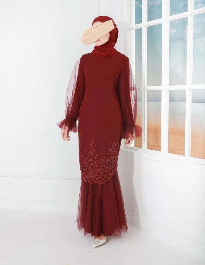 SIPO Premium Chiffon with Beads Lace Embroidery Design Solid Color Long Sleeves Half Net Fabric for Malaysia Muslim Baju Kurung