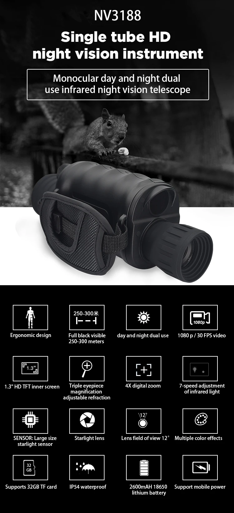monocular  night vision spy gear for adults one hand full hight with camera IP54 waterproof