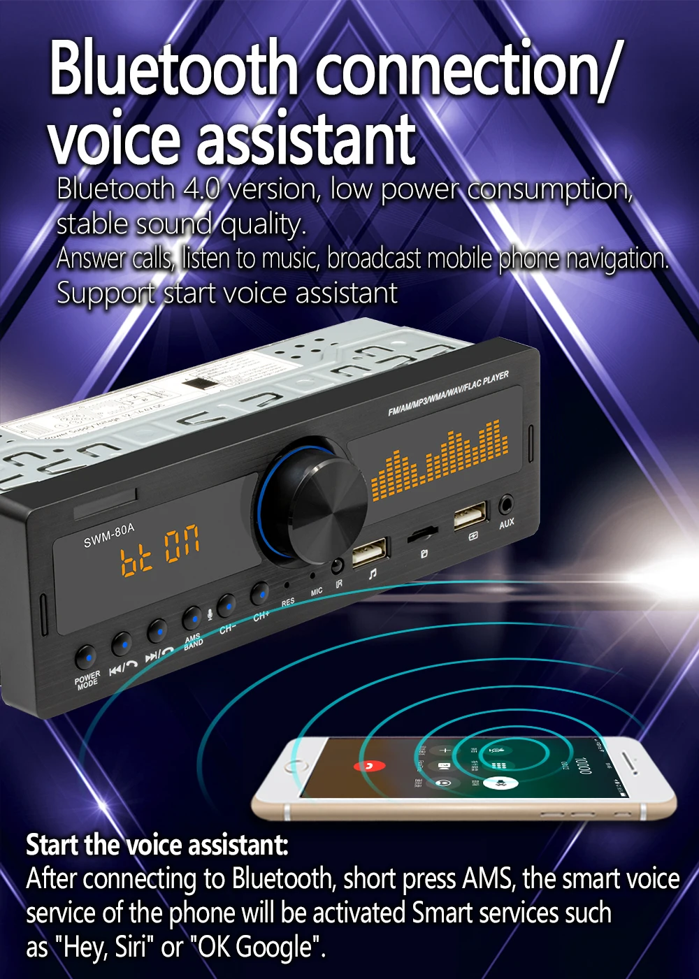 Car MP3 Player with  Stereo Autoradio 1 Din In Receiver BT/ USB/SD/AUX-IN/AM/FM Car Locato Fast Charging