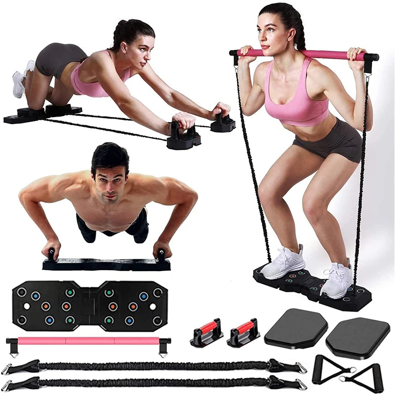 Portable Full Body Exercise Equipment for Men and Women, Fitness Equipment with Pilates Bar Resistance Bands Ab Wheel