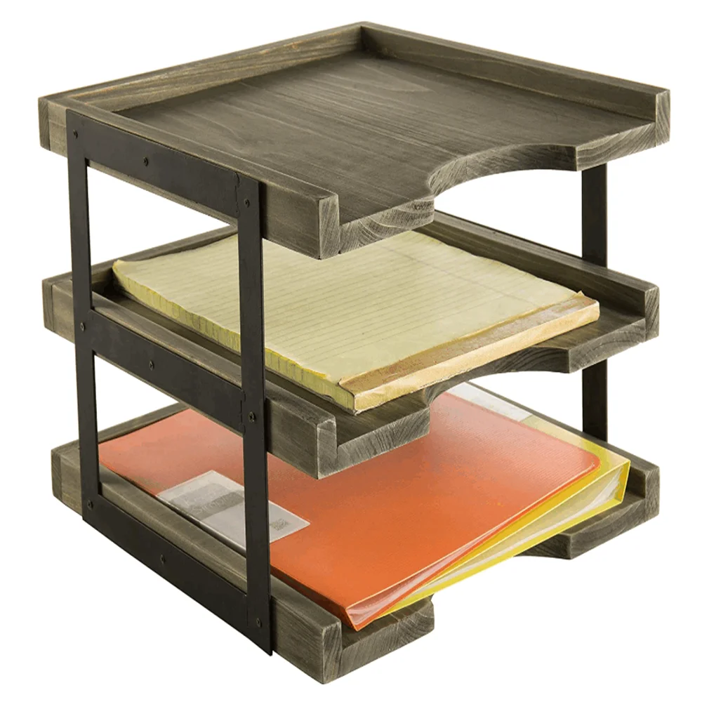 Brown 3 Tier Wood Desktop Paper Tray with Metal Frame Rustic Desk Document Mail Folder Holder Office Organizer