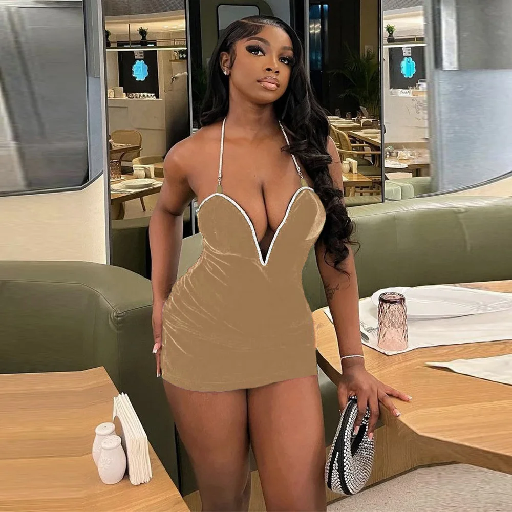 Bomblook C424DS Velvet Sexy Fashion Mini Dress Bodycon Summer Sexy Club Party Patchwork Cami Evening Dresses For Women 2024