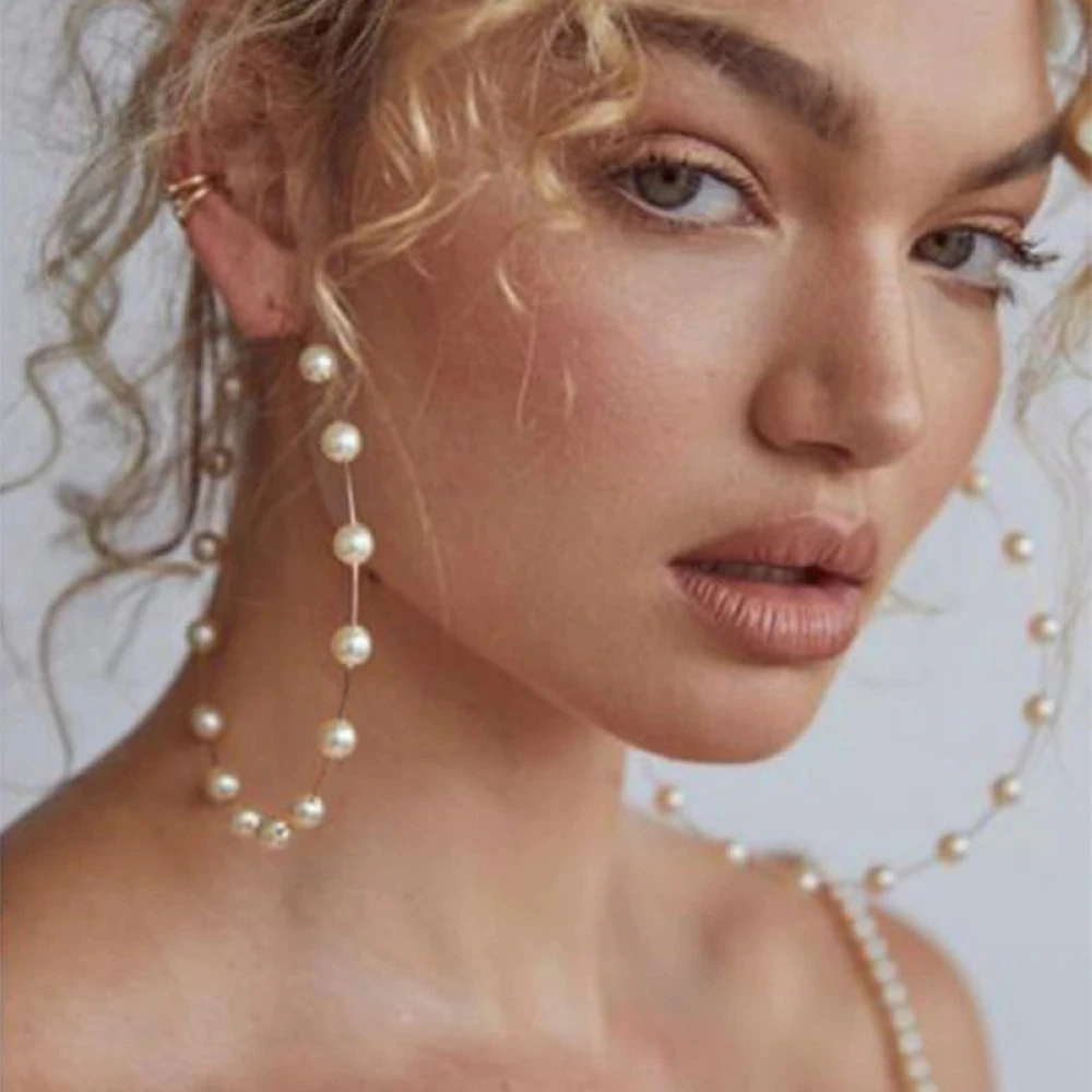 Bohemia White Pearl Round Big Circle Hoop Earrings Women Gold Color Big Statement Earrings for Women