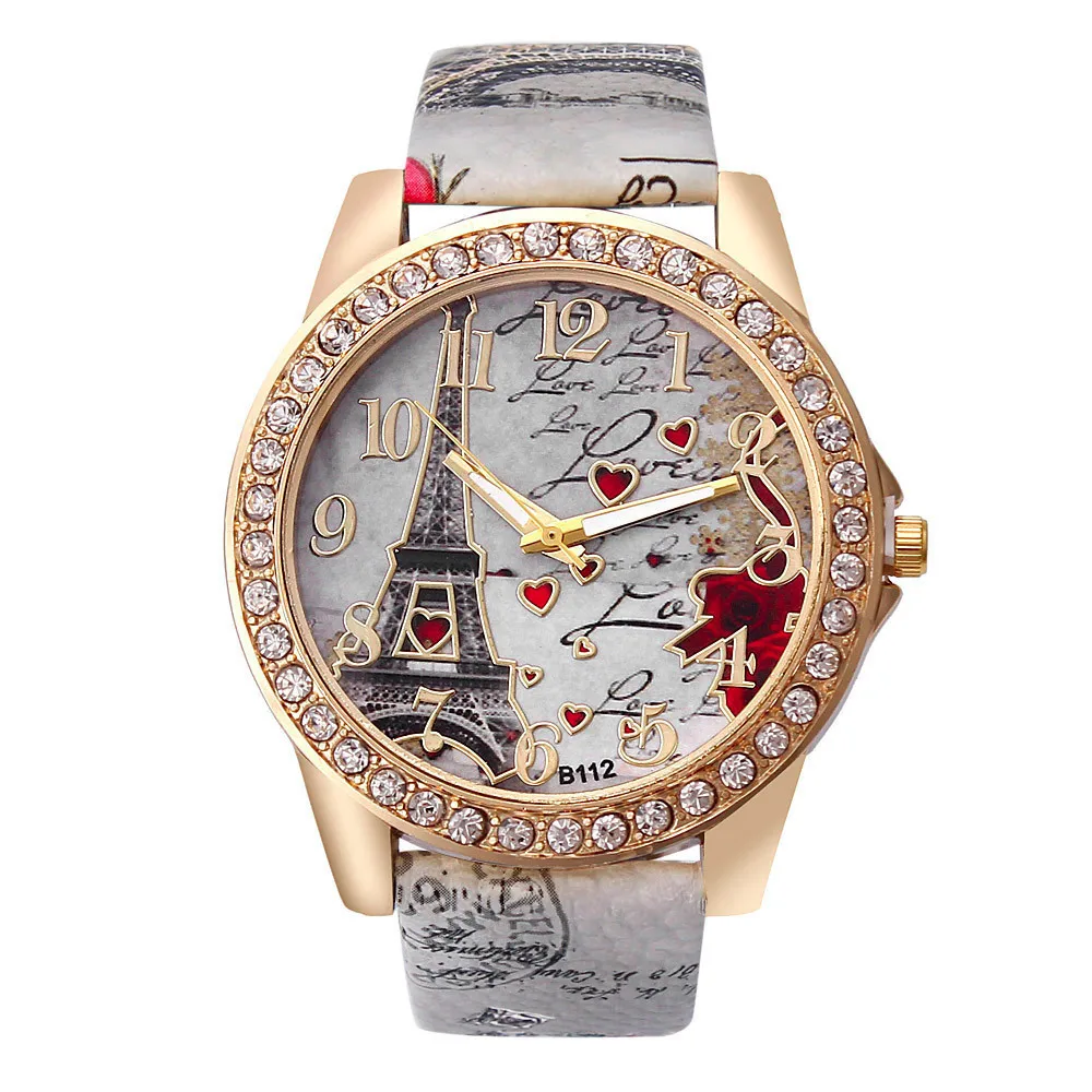 Luxury Crystal Paris Eiffel Tower Watches Fashion Diamond Leather Belt Quartz Wrist Ladies Watches Women Luxury Gift Watch