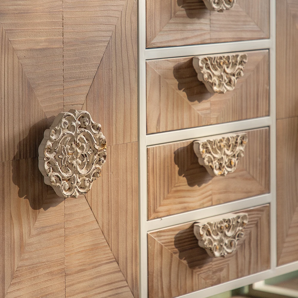 High Quality Kitchen Cabinets Retro Design Glass Door Accent Solid Wooden Cabinet With Drawers Modern Living Room Cabinets