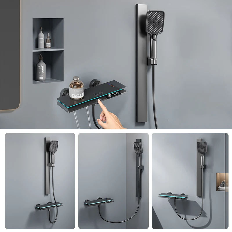 Multifunctional Brass Thermostatic Shower Set Push Button Digital LED Light Mixer with Rain Soft Spray Patterns Bathroom Faucet