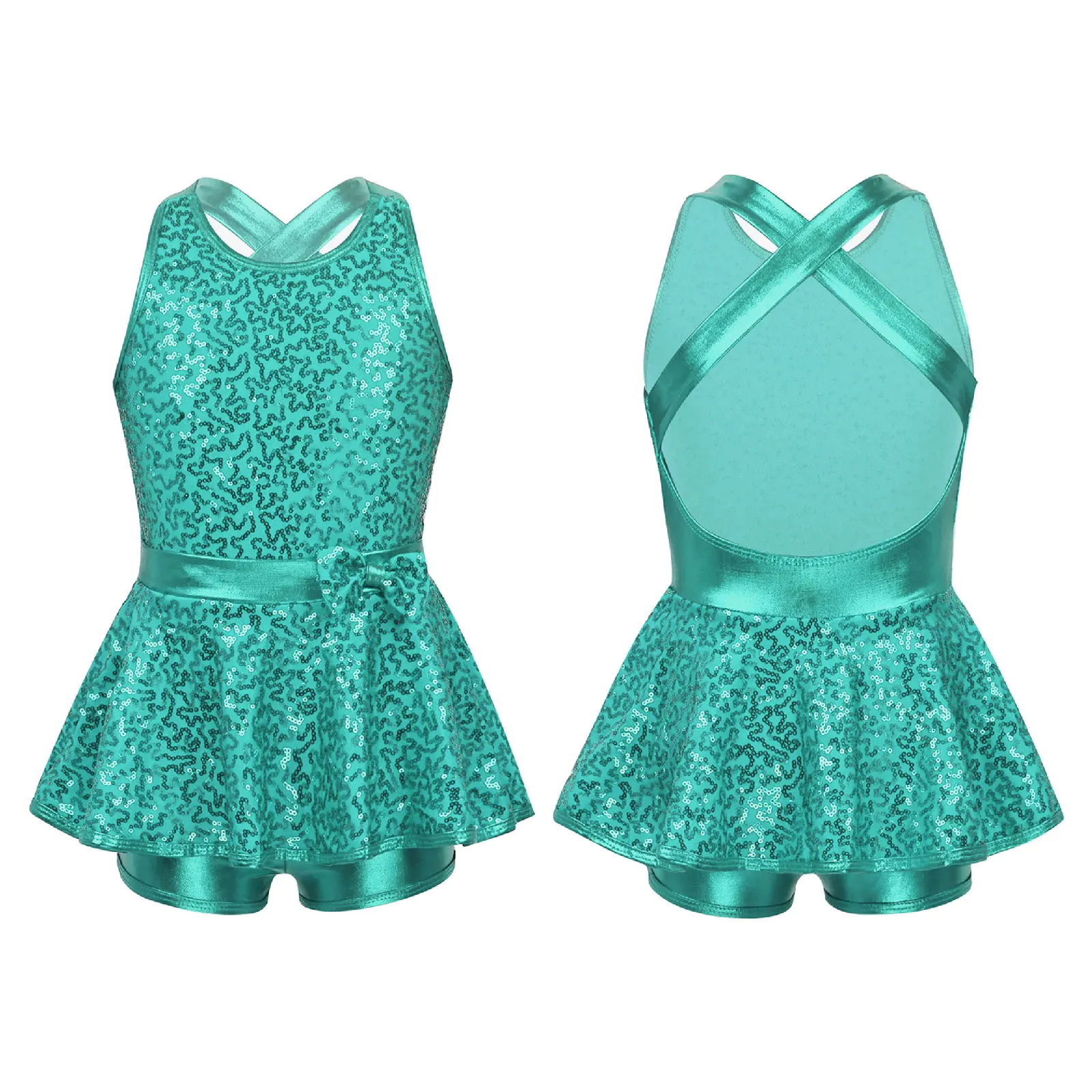 Kids Girls Jazz Tap Ballet Dancewear Sleeveless Sequined Cross Back Waist Bowknot Modern Dance Leotard Dress