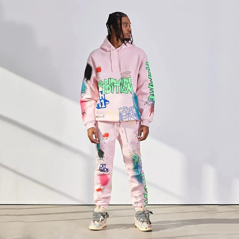 Tracksuit Manufacturer Custom Embroidered Puff Print Streetwear Tracksuit Sweatsuit Graffiti Print Hoodie And Sweatpants Set