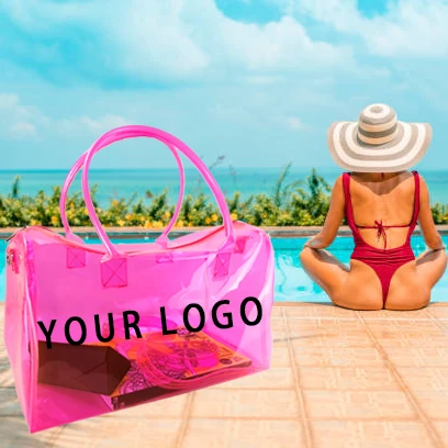 Customized Clear pvc handbag Transparent with Black Logo Printed Women Fashion Casual Blue Waterproof Shoulder