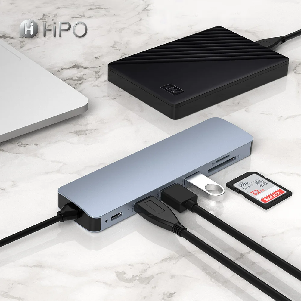 HUB USB C Adapter 7 in 1 with USB 3.0 4K- USB C Connection PD SD TF Card Reader Docking Station Compatible with MacBook Pro Air