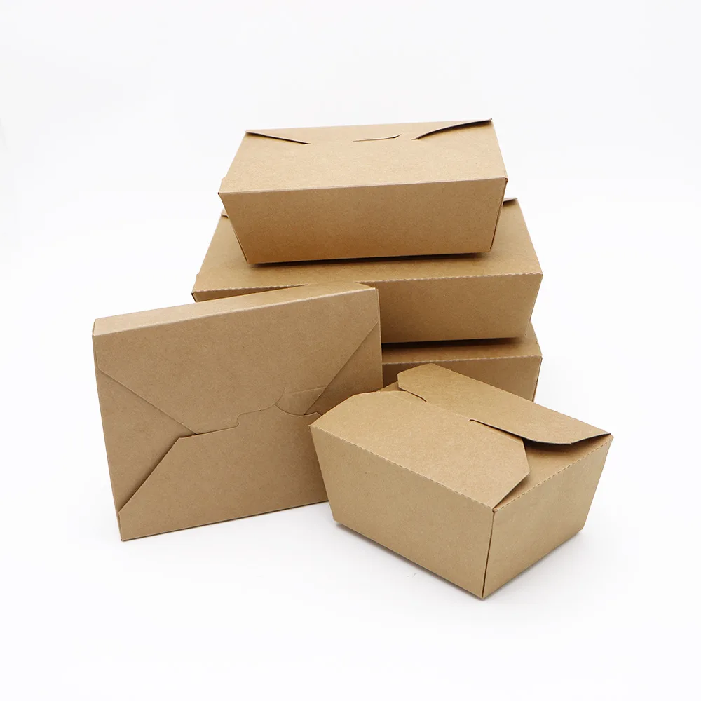 Disposable 100% Biodegradable Paper Box Takeaway Printed Kraft Paper Lunch Fast Food Container