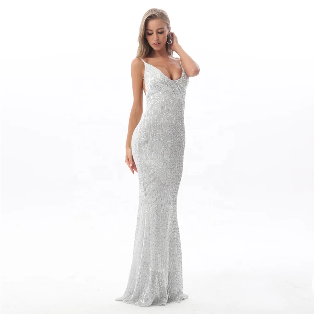 Вечернее эластичное платье с V-образным вырезом, подкладкой и открытой спиной