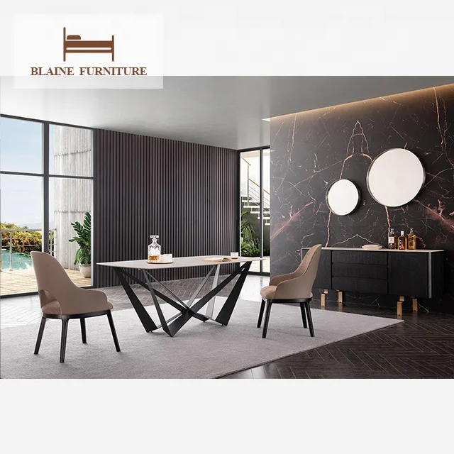Top Fashion Set Stainless Steel Base 8 Seater Modern Large Wooden Timer Luxury Modern Dining Table And Chair