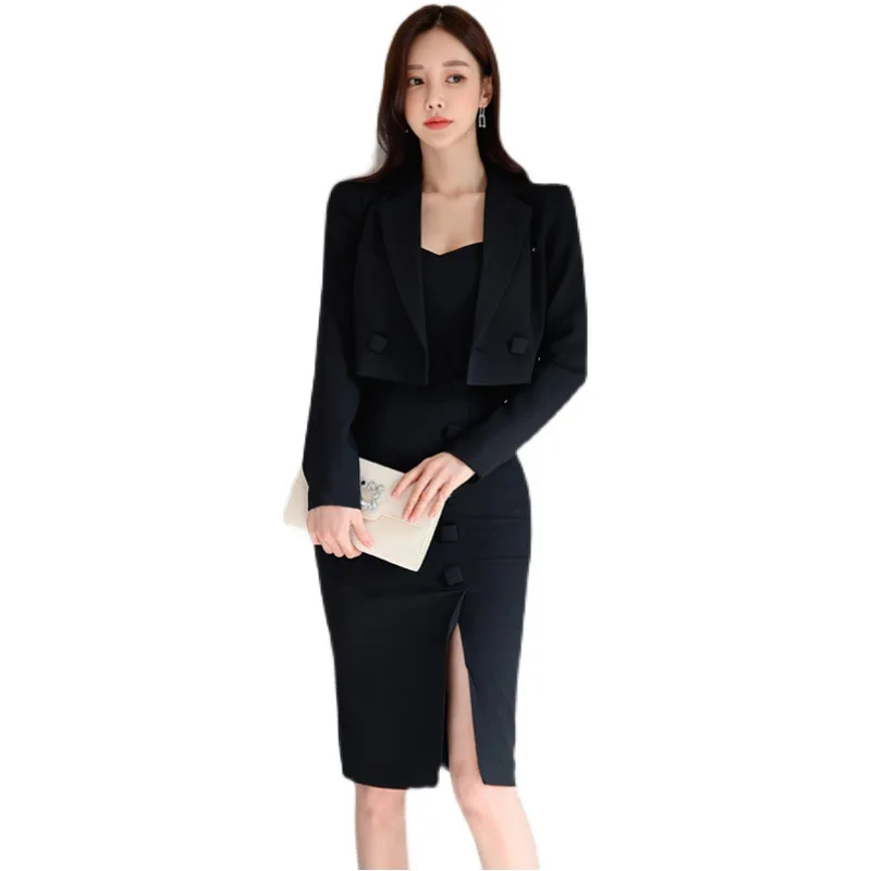 Wholesale Dress And Coat Elegant Korean Dress Women 2 Pieces Suit White Vest Skirt Jacket Set Office Woman Suit Uniforms Dresses
