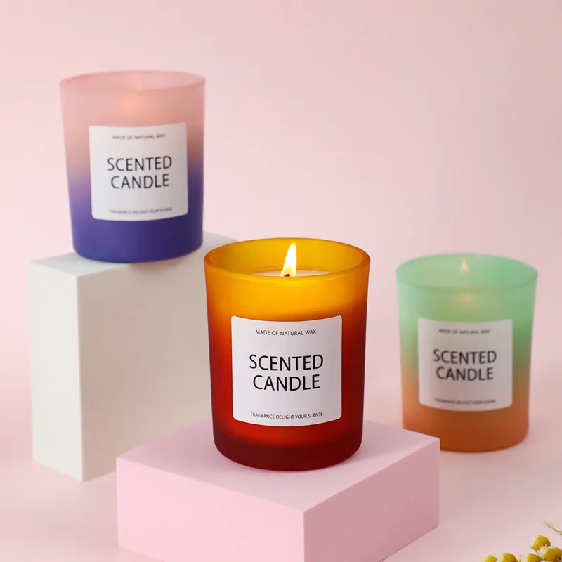 White Frosted NudeCustom Logo Luxury Wide Mouth Small  Iridescent Empty Glass Candles Jars Vessel With Wood Lid