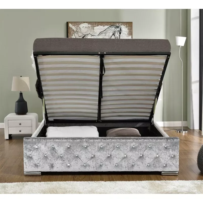 Luxury California Hotel Storage Modern Velvet Full Platform Single Doiuble Twin King Queen Size Bed Frame with Storage Headboard
