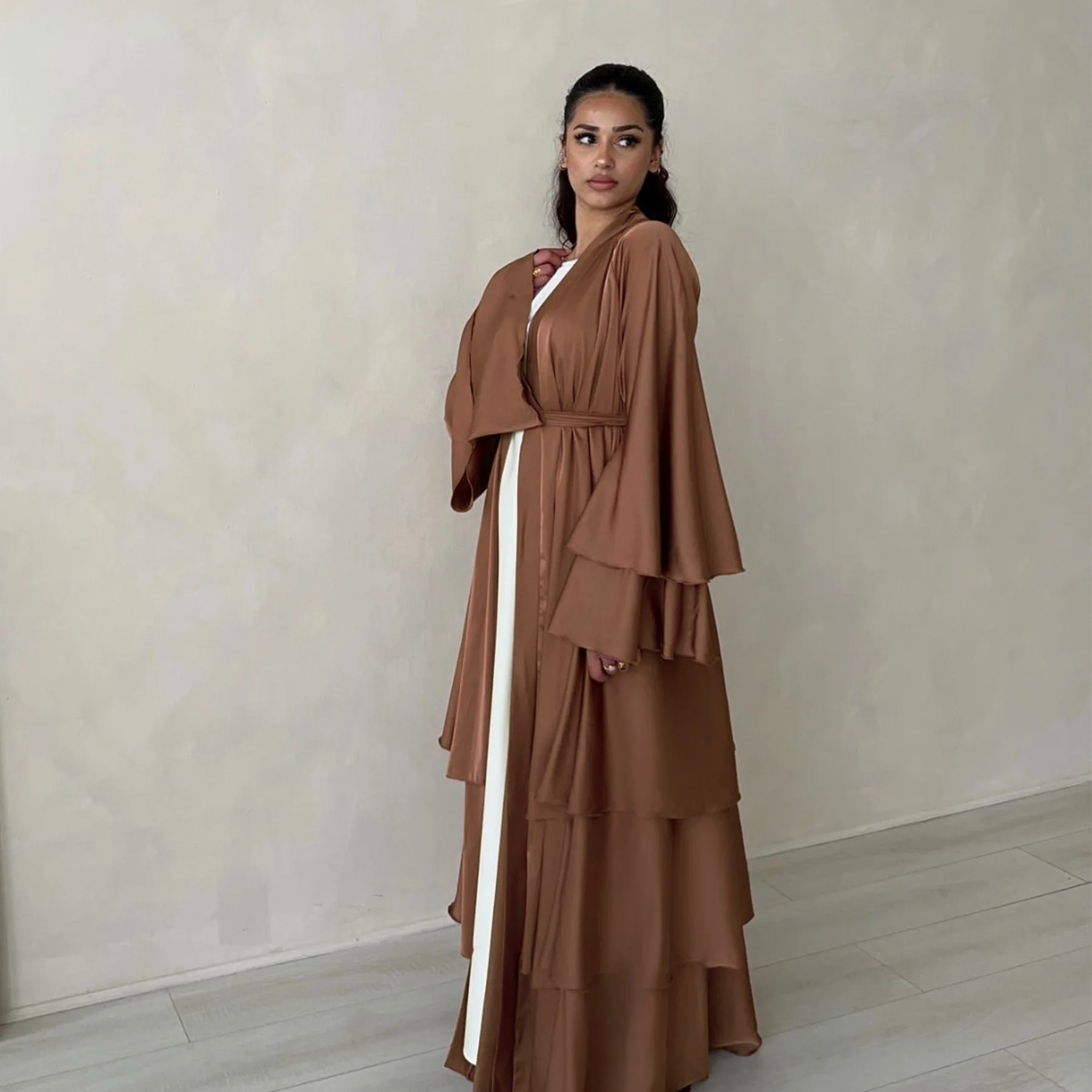 2024 Islamic Clothing Eid Dubai Elegant Modest Abaya Women Muslim Dress 3 Layers High Quality Satin Silk Open Abaya