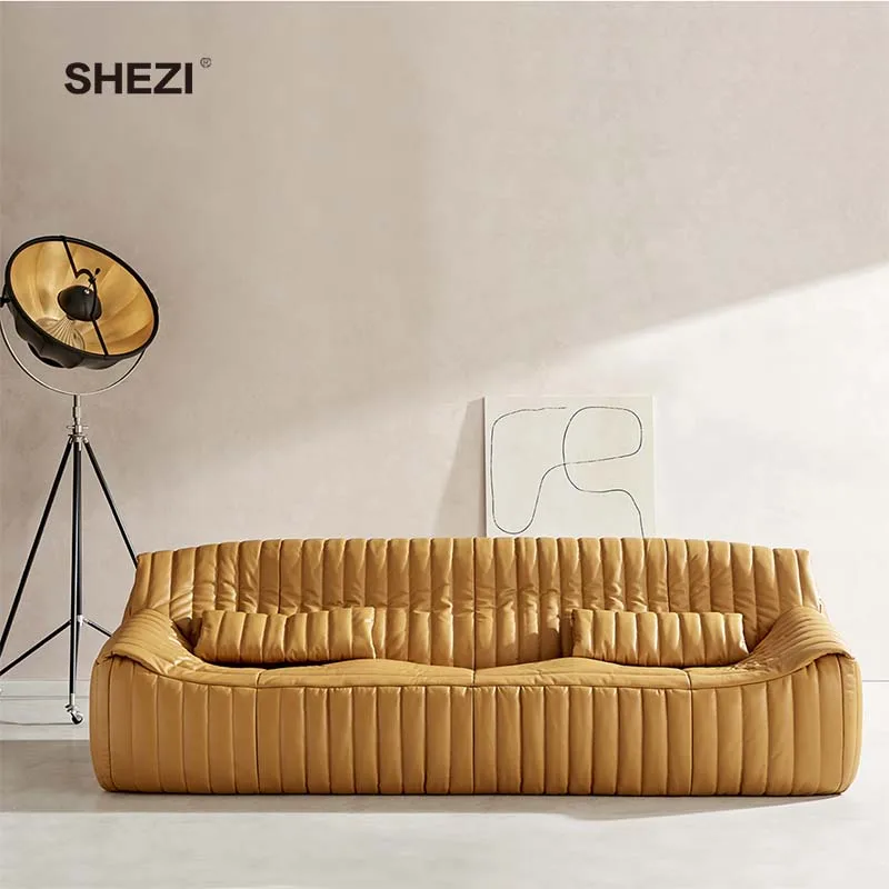 SHEZI Indoor Soft Cowhide Wavy Lines Home Furniture Italian Light Luxury Fabric Curved Seater Sofa Chair For living Room