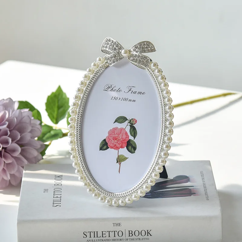 Luxury Retro Style Metal White Pearl Picture Frame Wedding Photo Frame Home Decoration Table Setting