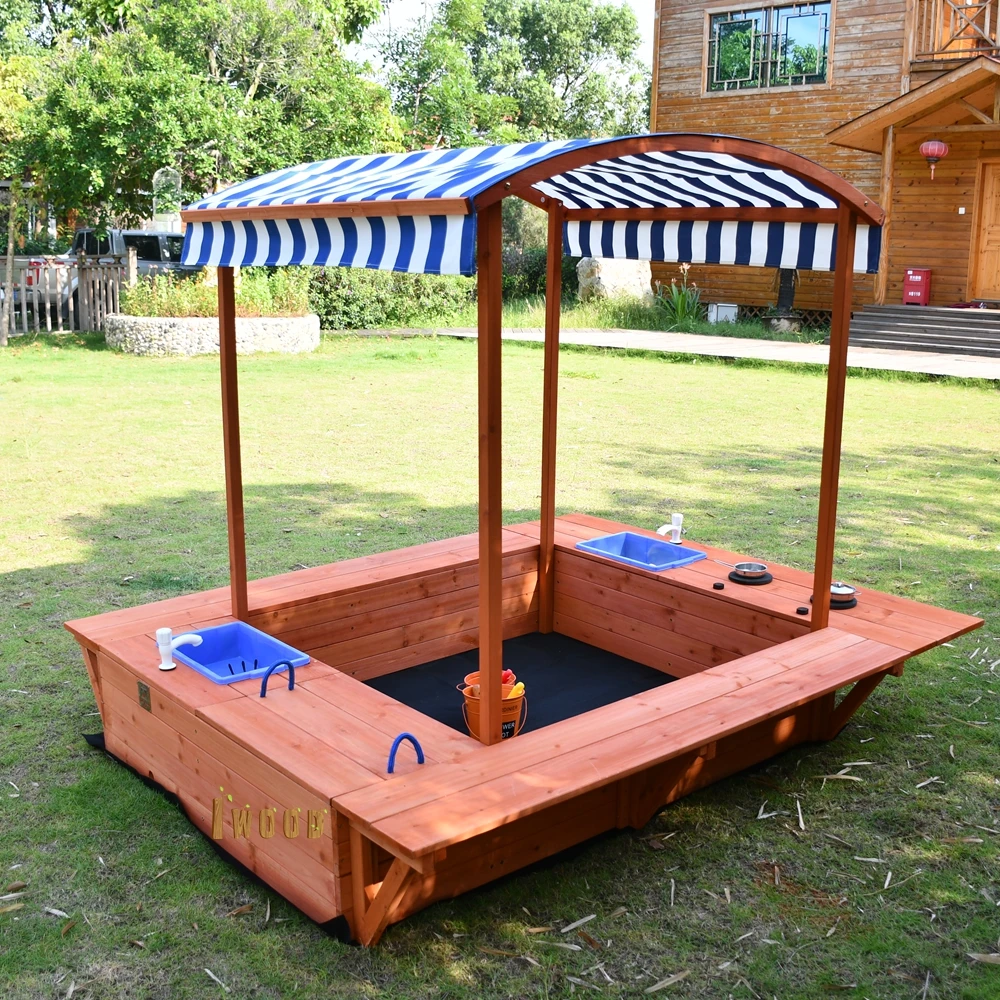 Оптовая продажа, деревянная Песочная коробочка для детей с навесом