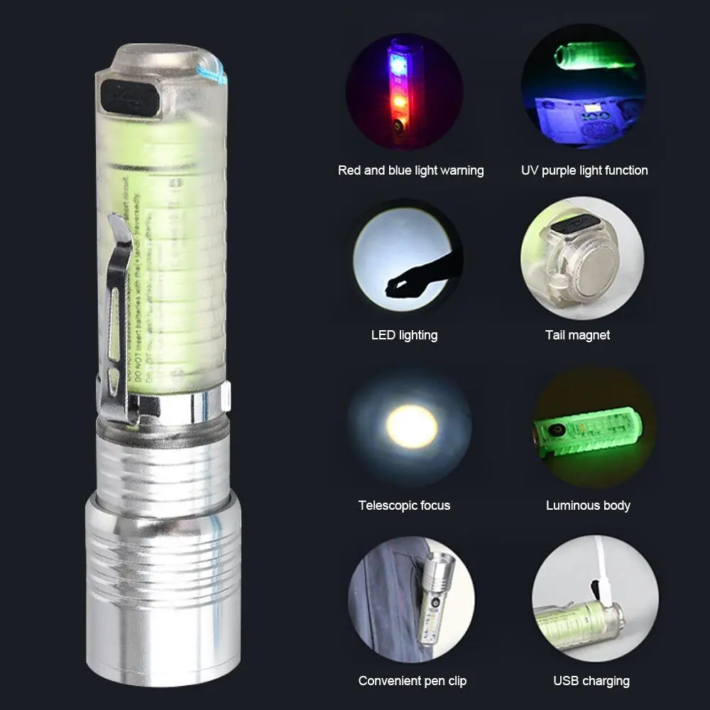LED Torch Lamp with Magnet Camping Uv Light Telescopic Zoom Long Distance Rechargeable Flashlights