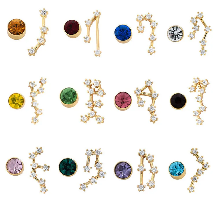 Asymmetrical Jewelry Gold Plated Zodiac Sign rainbow Birthstone CZ Fashion Statement Stud Earrings for Women Girls