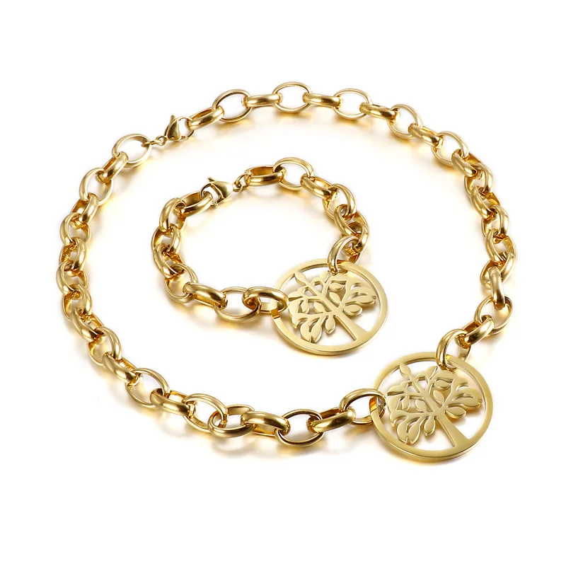 Kalen Fashion Adjustable Link Chain Hollow Tree Bracelet Necklace Women Stainless Steel Jewelry Set