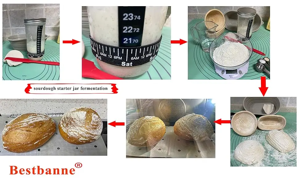 Sourdough Starter set Starter Jars with 10inch Oval Silicone Banneton Proofing Basket Bowl for  Bread Making Baking Fermentation