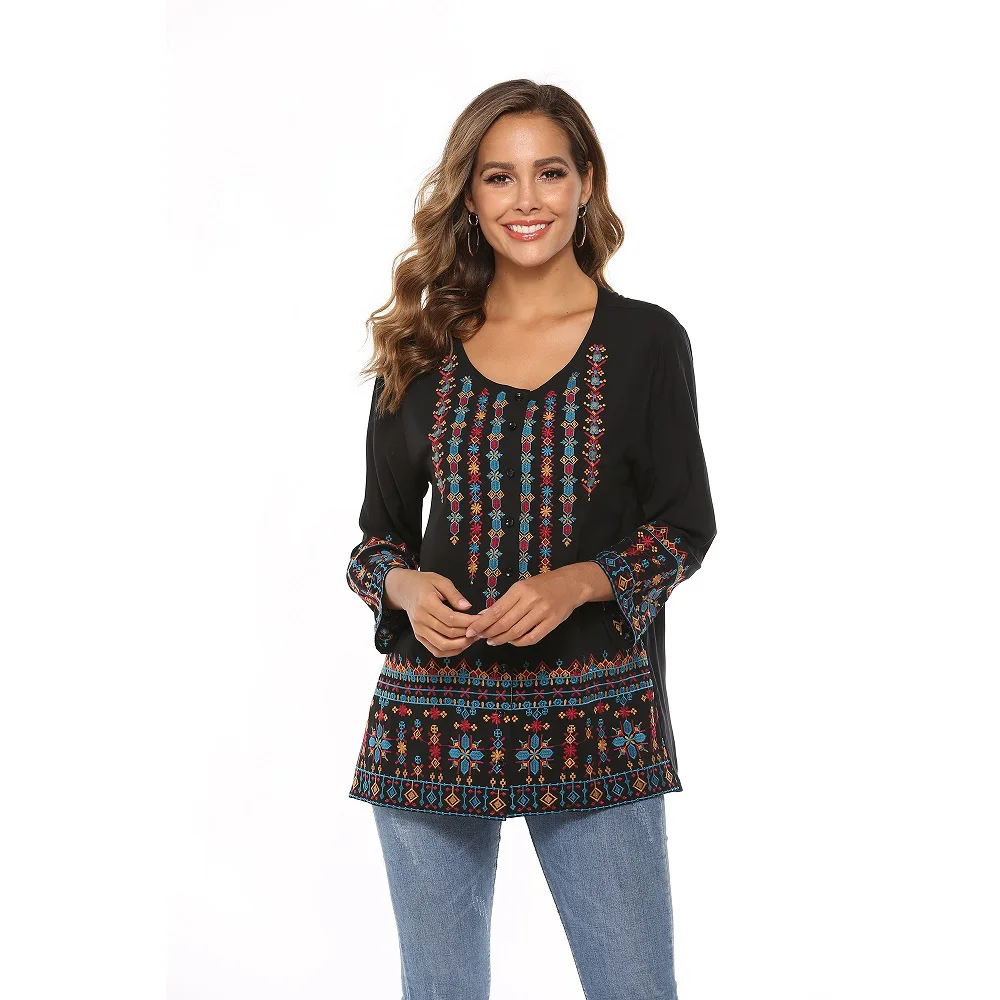 embroidery women casual tunic blouse  long sleeve stocks