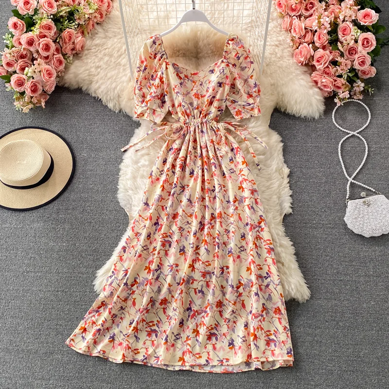 New Fashion Women Beauty Print Waist Elastic Slim Elegant Long Women Dress
