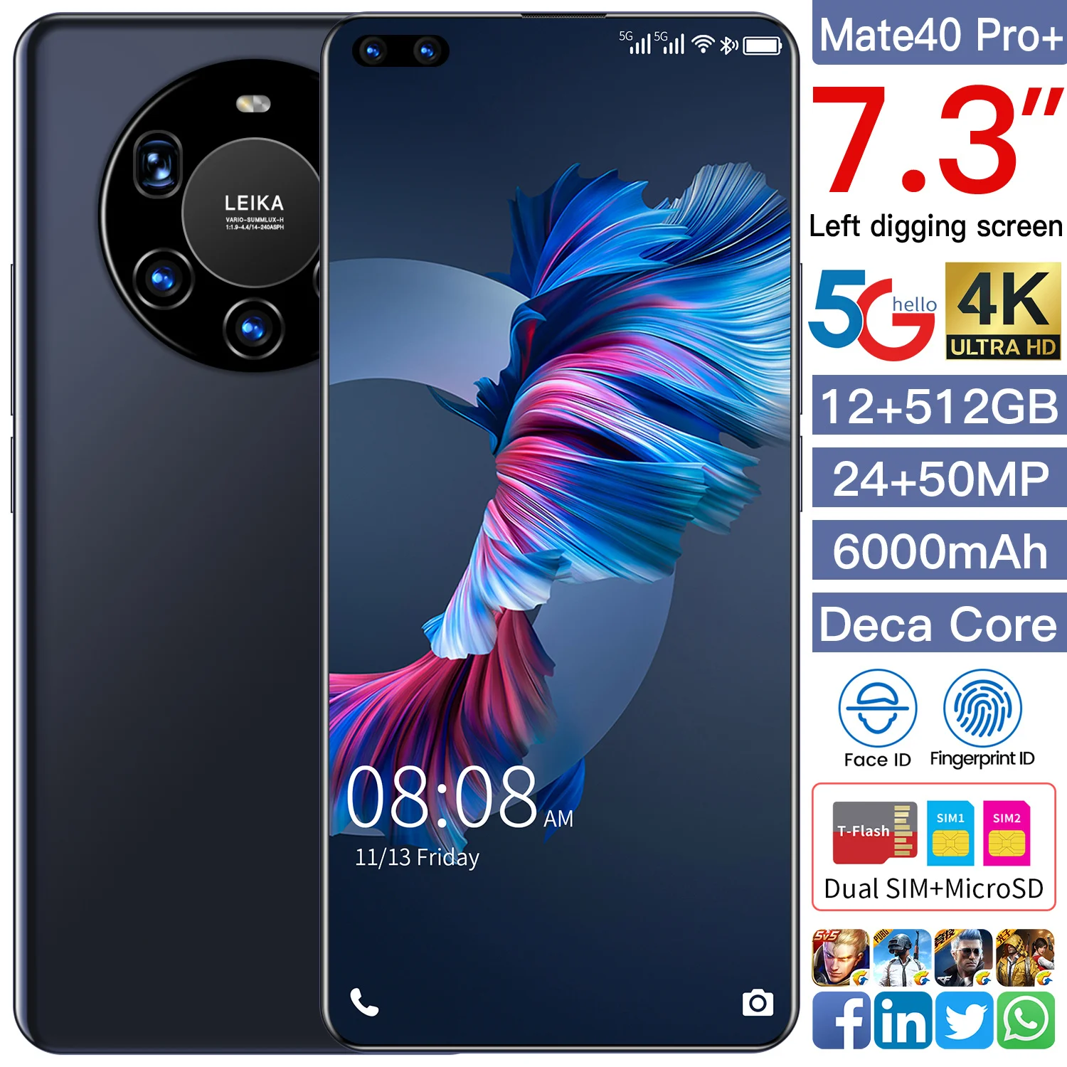 
Mate 40 Pro+ Hot Selling 12GB+512GB 7.3Inch full Display Android 10.0 Mobile Phone Cell Phone Smartphone 