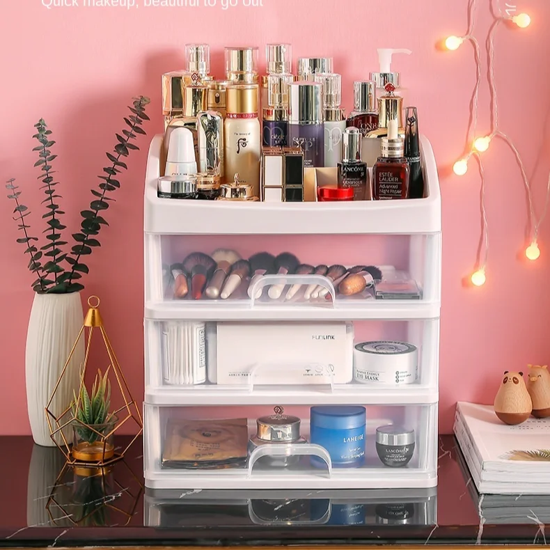 Factory Price Desktop 3 Drawers White Makeup Organizer Plastic Jewelry Storage Cabinet Box