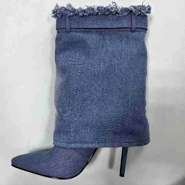 2023 sexy high heel short plus size 43 ankle women blue boots denim 6