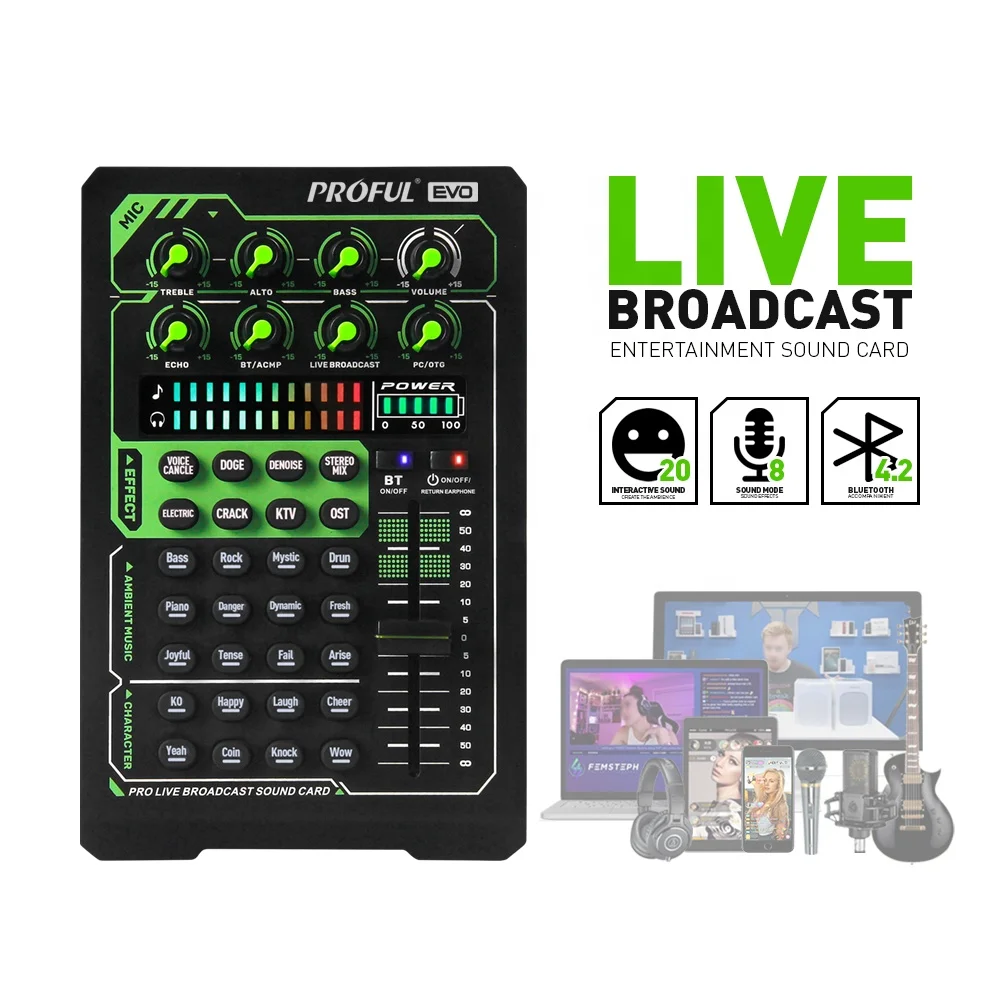 EVO Audio Mixer BT USB Headset Mic Karaoke Live Broadcast Sound Card Voice Controller for BM800 condenser microphone