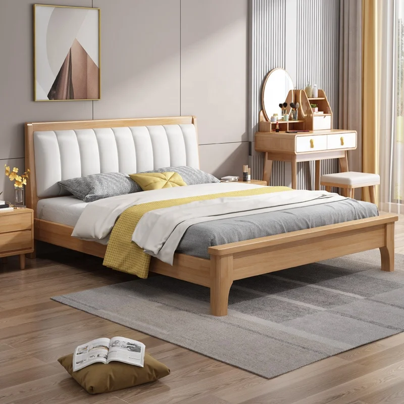 Nordic California Wooden Beds Fabric Solid Wood Frame Queen Size Up-holstered Beds