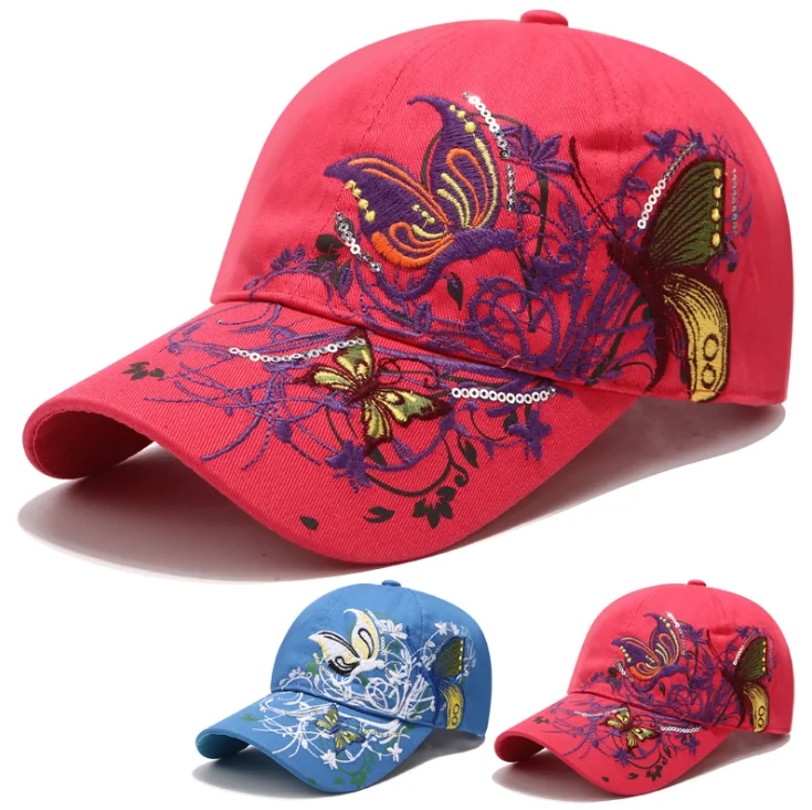 Sequin embroidered baseball cap butterfly embroidered duck tongue lipprint fashion hat girl hat