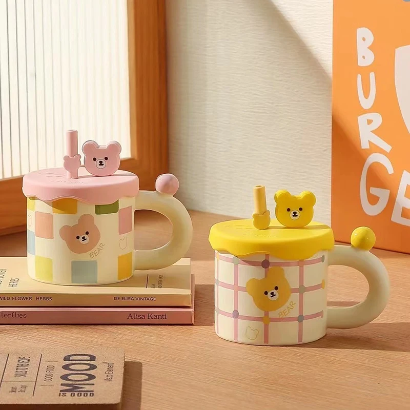 Solhui Cute cartoon bear ceramic coffee mug with straw creative animal water cup