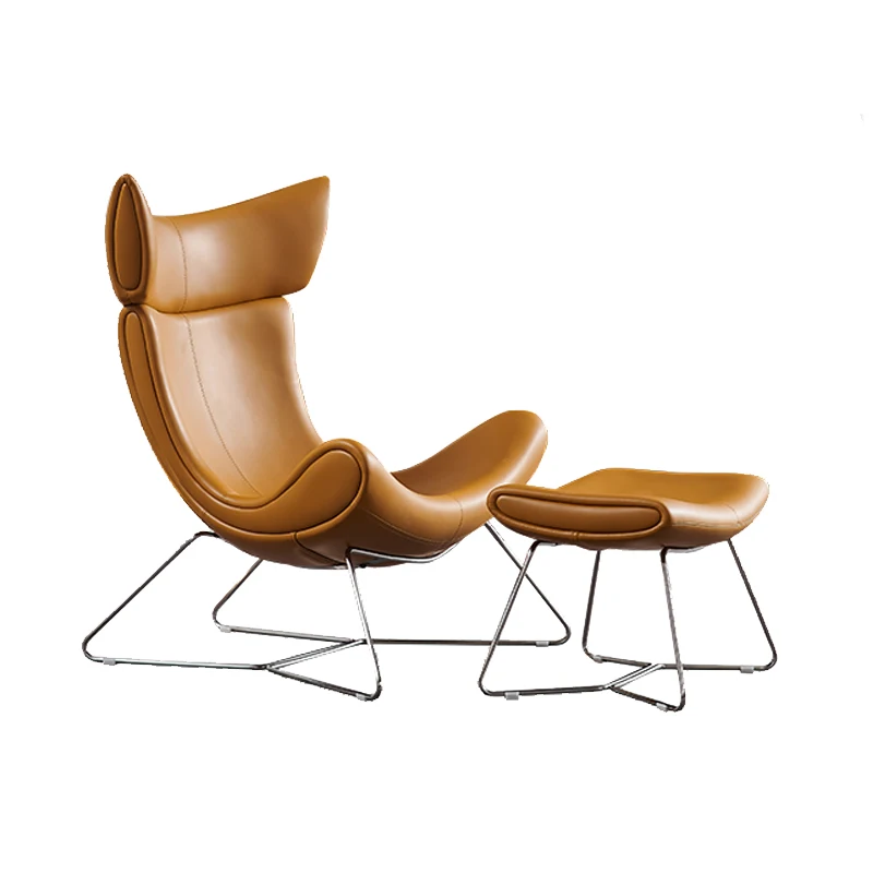 Nodic Living Room Relax Recliner Leather Metal Luxury Design Wing Back Leisure Chair With Ottoman