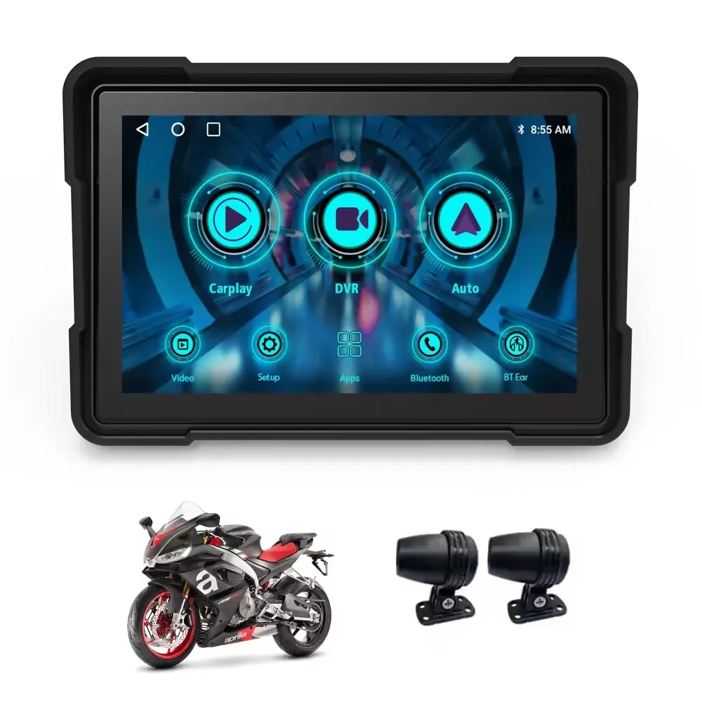 IP67 Waterproof & anti-vibration 5 inch Wireless Carplay Touch Monitor Screen with Front Rear Cameras for Motorcycle