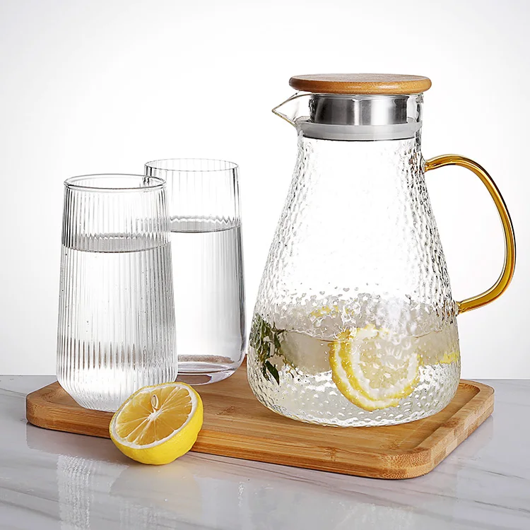 Online top selling Handmade borosilicate glass carafe pitcher Glass Stovetop Glass Water Jug water cans with stainless lid