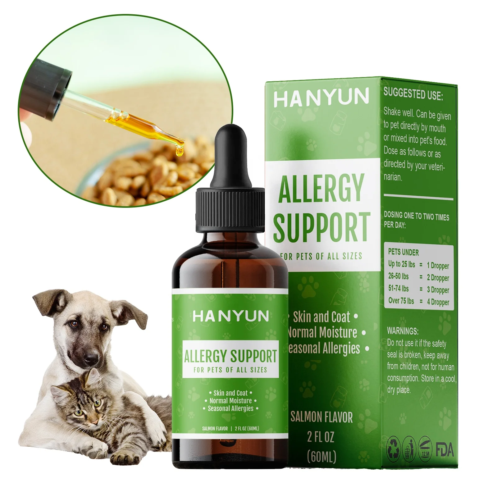 Hanyun Allergy Immune Drops Anti Itch & Hot Spots Natural Pet Supplement for Cat & Dog with Turmeric & Milk Thistle